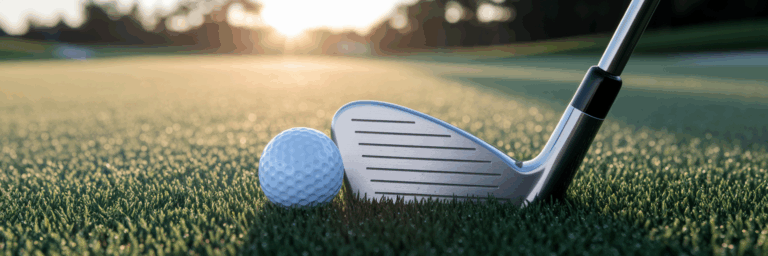 Golfschläger und Ball auf taufeuchtem Gras.