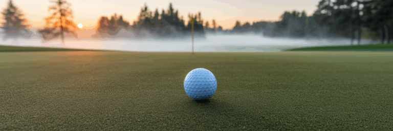 Golfball auf dem Abschlagplatz bei Sonnenaufgang.