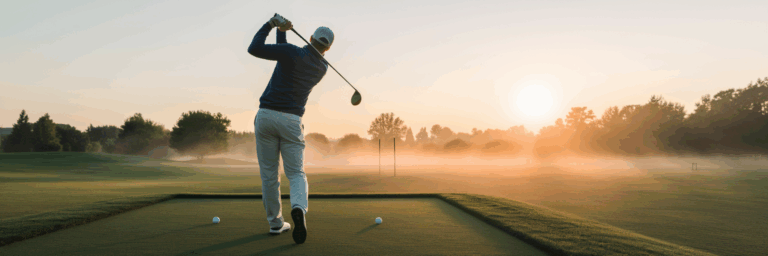 Golfanfänger auf der Driving Range bei Sonnenaufgang.
