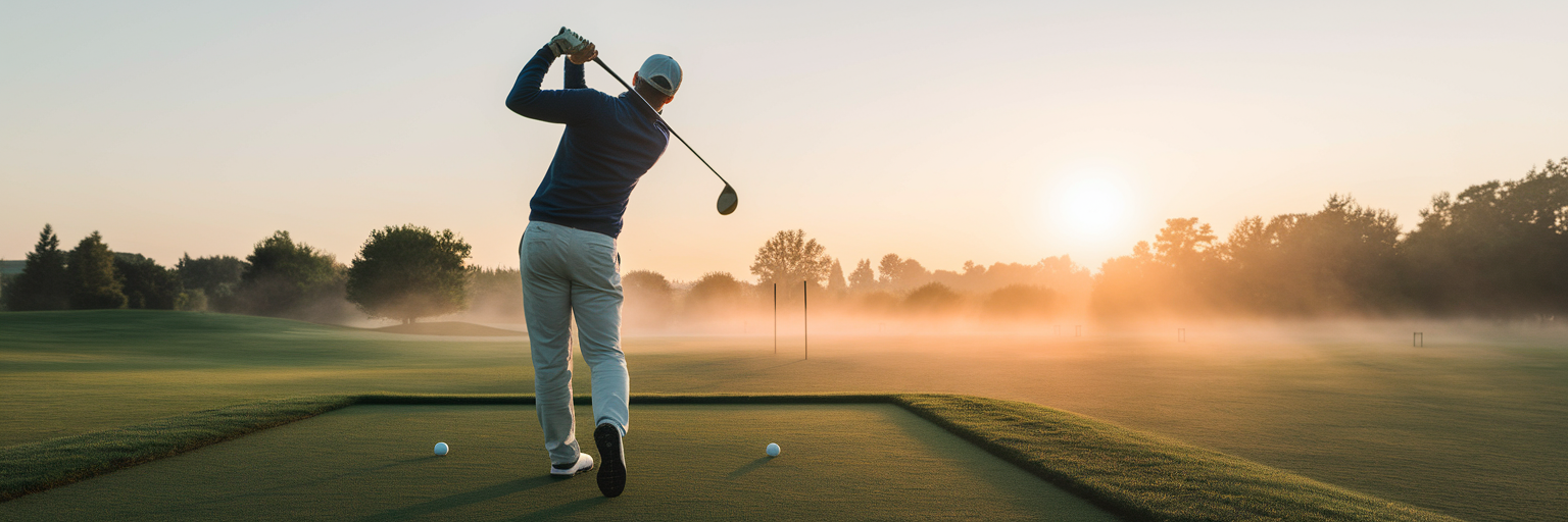Golfanfänger auf der Driving Range bei Sonnenaufgang.