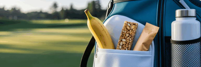 Gesunde Golfsnacks und Wasserflasche in der Tasche.
