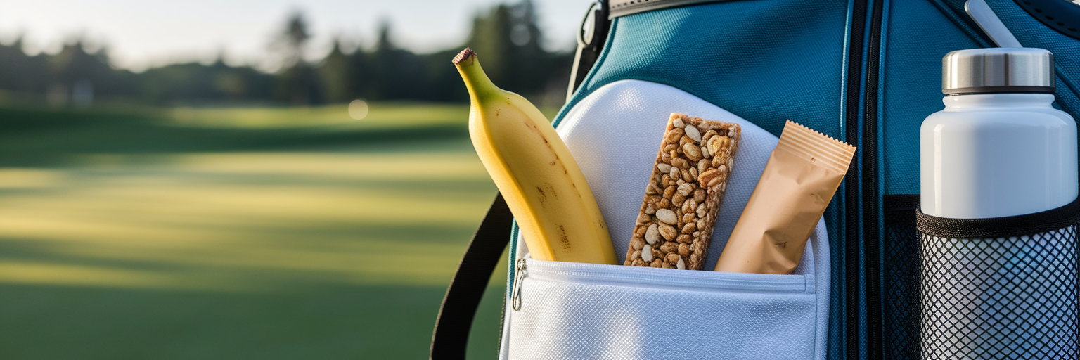 Gesunde Golfsnacks und Wasserflasche in der Tasche.