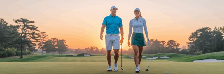 Zwei Golfanfänger gehen auf einem Fairway.