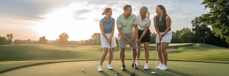 Golfanfänger genießen eine Runde bei Sonnenuntergang.