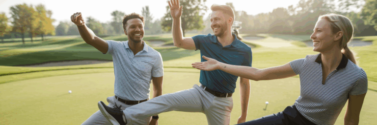 Golfanfänger wärmen sich gemeinsam auf dem Platz auf.