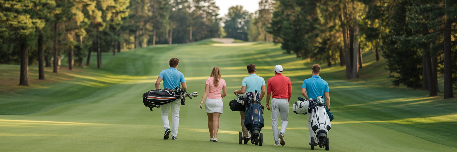Freunde gehen gemeinsam auf dem Golfplatz spazieren.