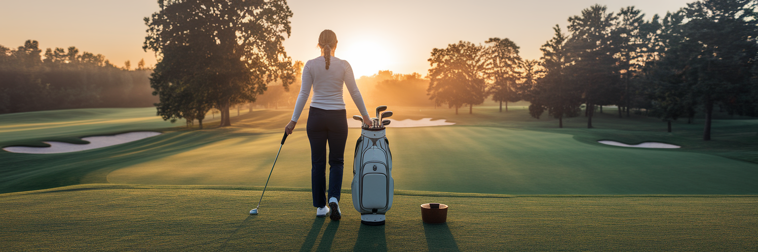 Golfanfänger auf dem Platz bei Sonnenaufgang.