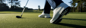 Golfer's shoes gripping turf during swing.