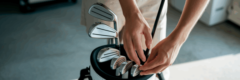 Ein neuer Satz Golfschläger wird in eine Golftasche gelegt.