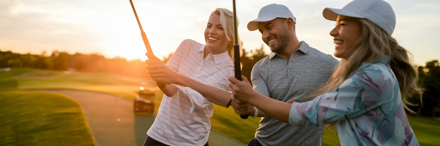 Friends enjoying golf at a driving range