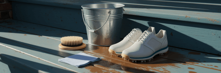 Golfschuhe und Reinigungsgeräte auf der Veranda.