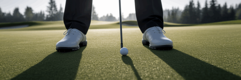 Schuhe eines Golfers auf einem unberührten Grün