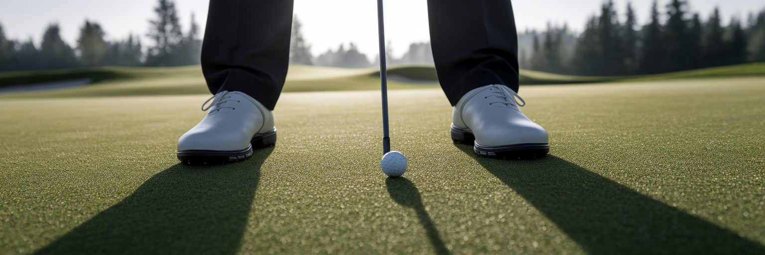 Schuhe eines Golfers auf einem unberührten Grün