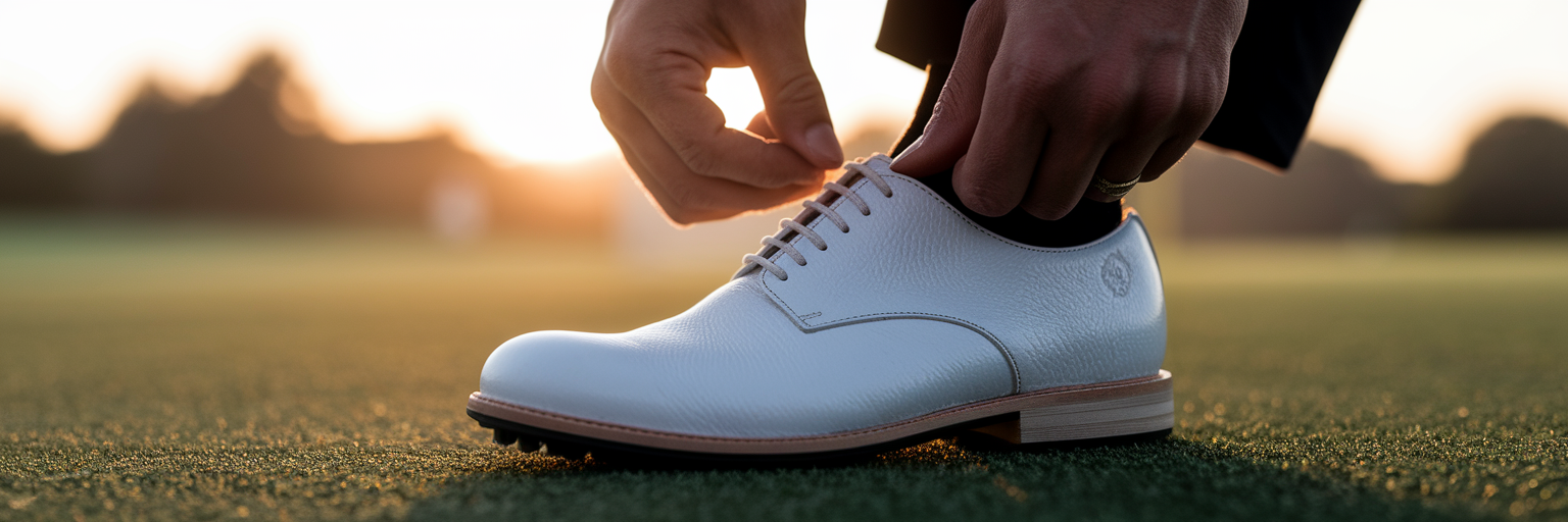 Ein Golfer bindet neue Golfschuhe auf dem Platz.