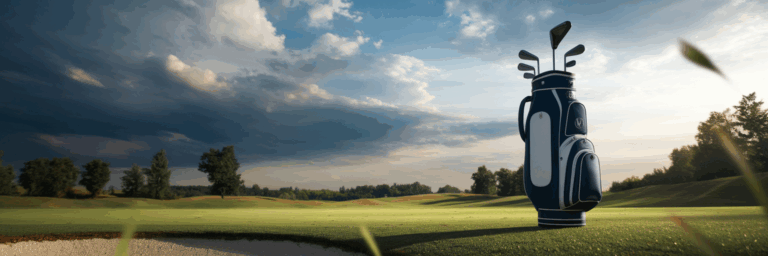 Golftasche auf dem Platz mit dramatischem Himmel.
