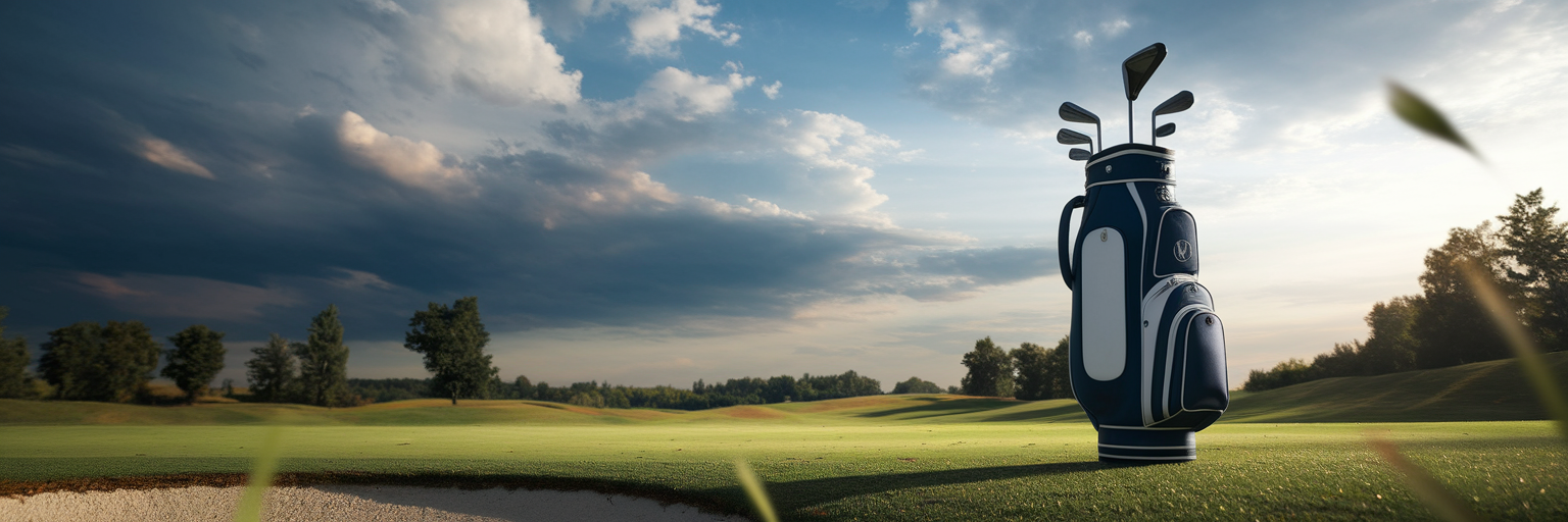Golftasche auf dem Platz mit dramatischem Himmel.