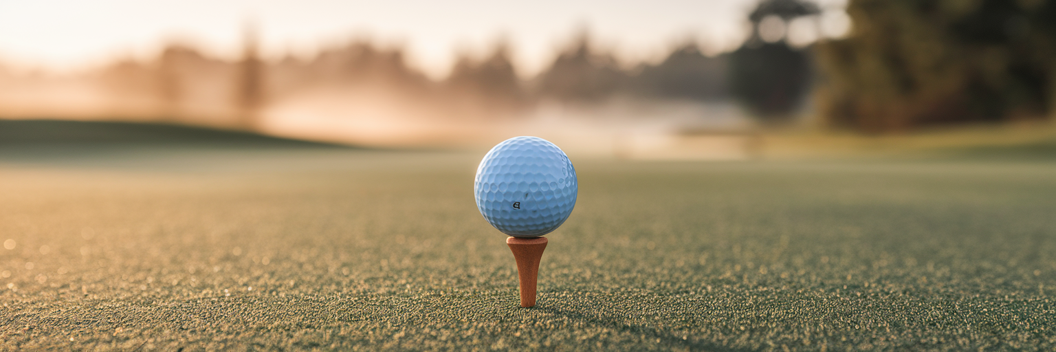Ein makelloser Golfball auf einem Abschlag bei Sonnenaufgang.