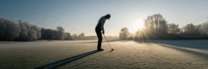 Einsamer Golfer an einem frostigen Wintermorgen