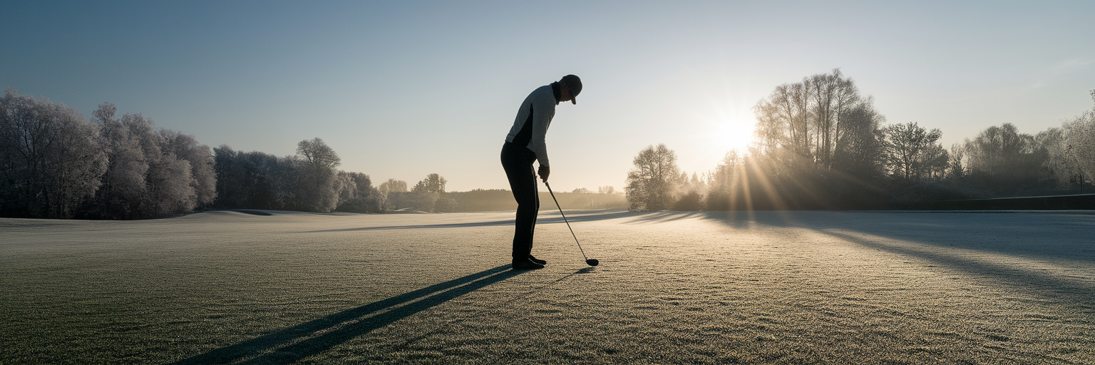 Einsamer Golfer an einem frostigen Wintermorgen