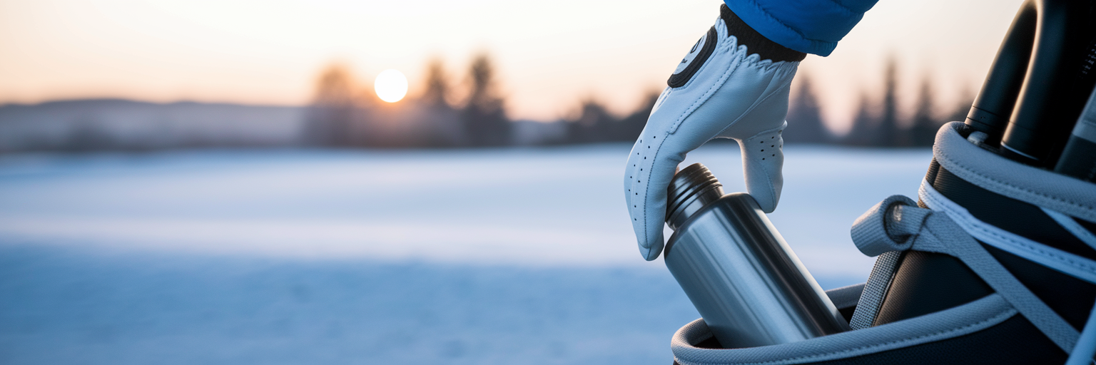 Ein Golfer holt im Winter einen Flachmann aus der Tasche.