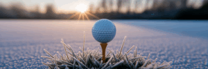 Golfball auf einem frostigen Abschlag im Winter.