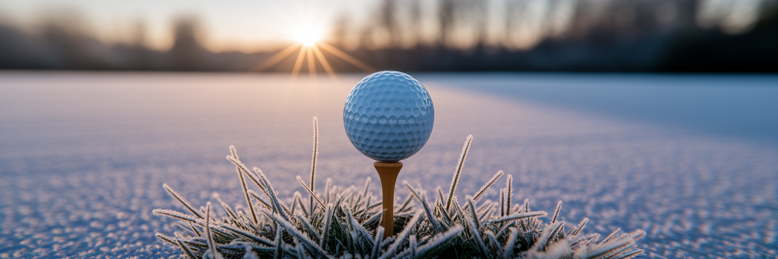 Golfball auf einem frostigen Abschlag im Winter.