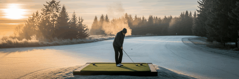 Golfer auf einem frostigen Platz bei Wintersonnenaufgang.
