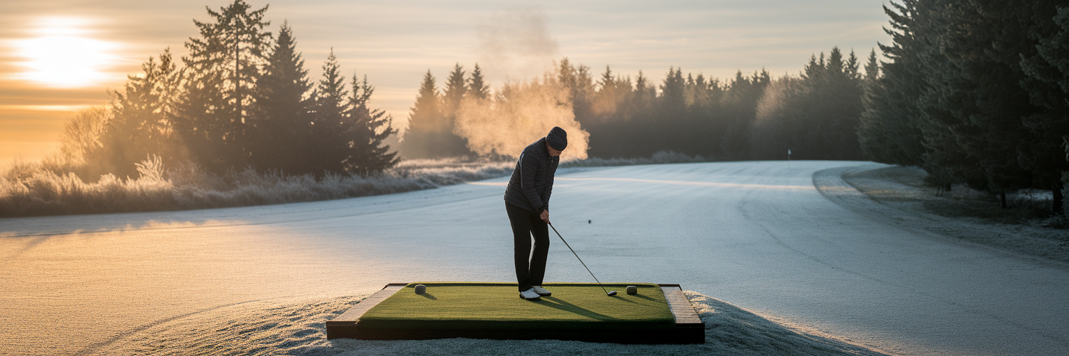 Golfer auf einem frostigen Platz bei Wintersonnenaufgang.